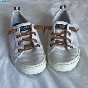 Sperry Women’s White Canvas Slip-On Sneakers with Brown Laces